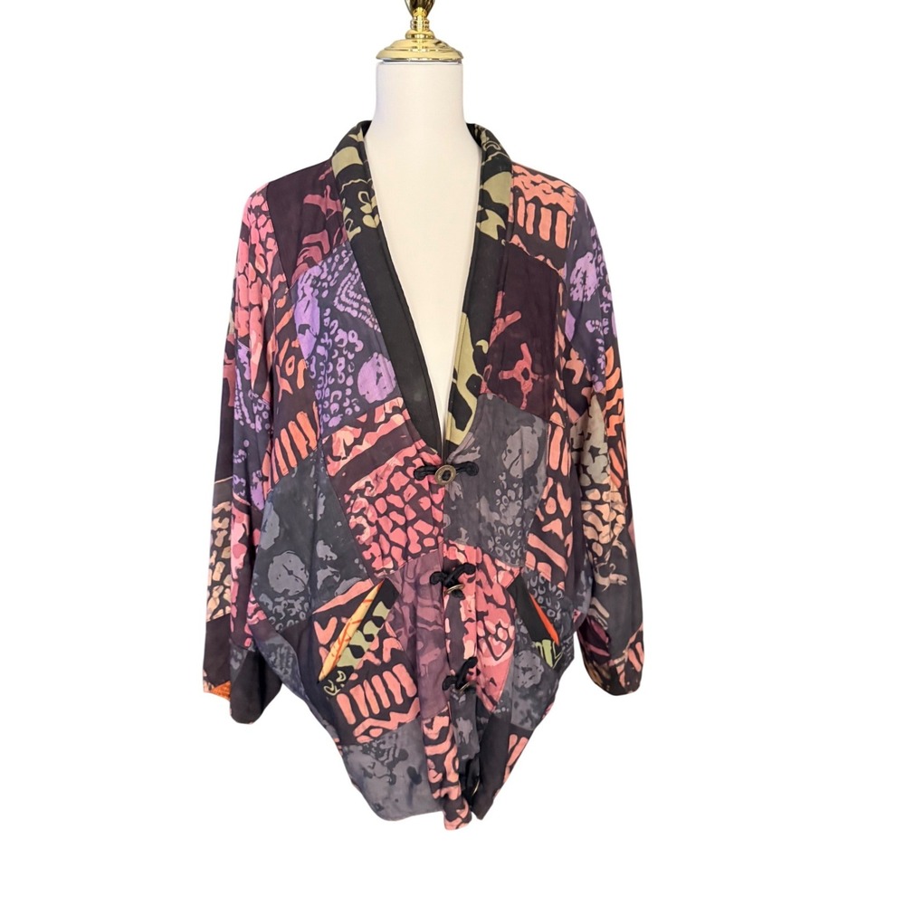 Kusnadi Womens Batik Patchwork Rayon Jacket Purple Pink Orange Toggle Closure